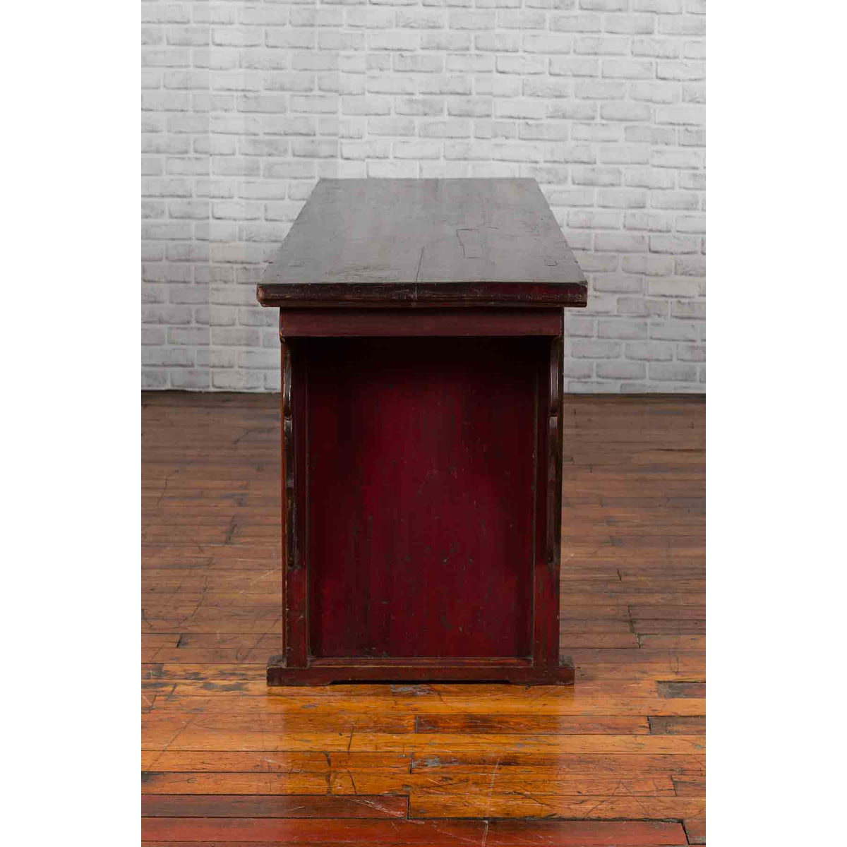 Chinese 19th Century Qing Dynasty Elm Low Console Table with Three Drawers-9. Asian &amp; Chinese Furniture, Art, Antiques, Vintage Home Décor for sale at FEA Home