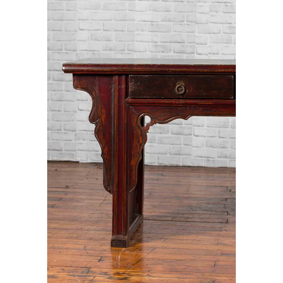Chinese 19th Century Qing Dynasty Elm Low Console Table with Three Drawers-10. Asian &amp; Chinese Furniture, Art, Antiques, Vintage Home Décor for sale at FEA Home