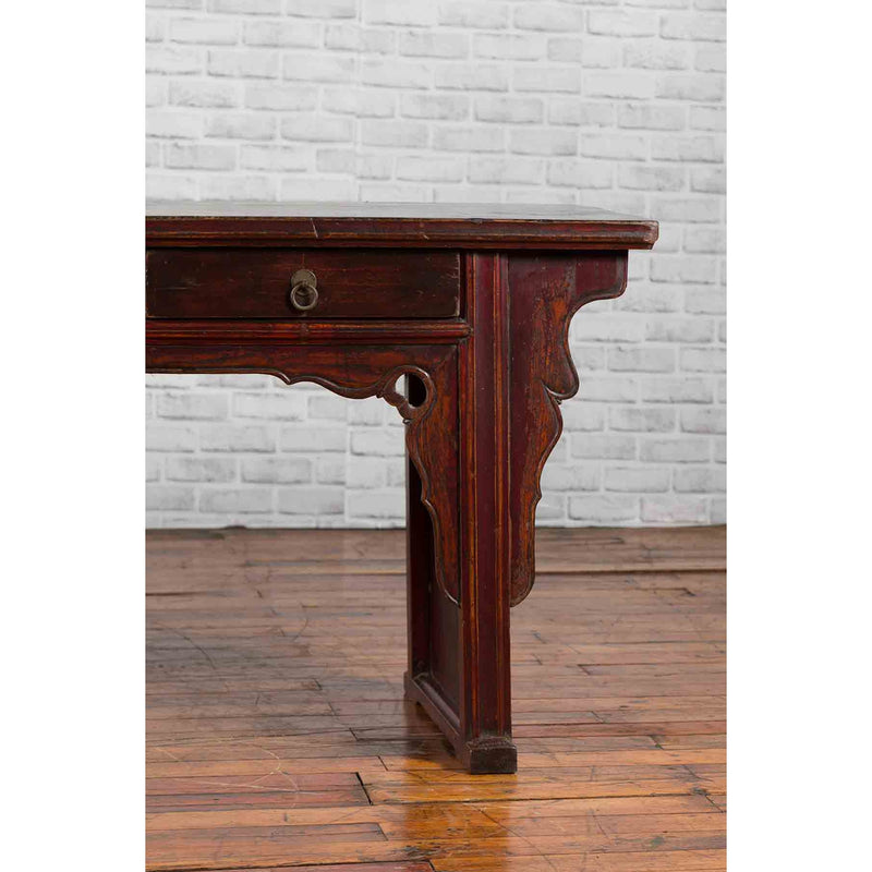 Chinese 19th Century Qing Dynasty Elm Low Console Table with Three Drawers-YN1340-11. Asian & Chinese Furniture, Art, Antiques, Vintage Home Décor for sale at FEA Home