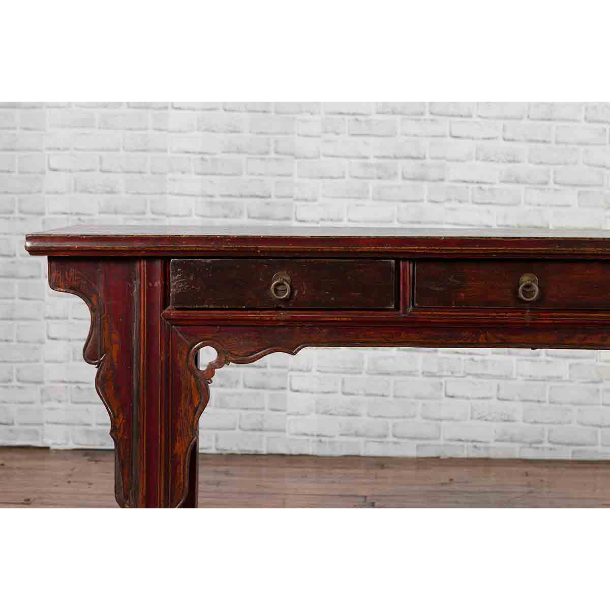 Chinese 19th Century Qing Dynasty Elm Low Console Table with Three Drawers-12. Asian &amp; Chinese Furniture, Art, Antiques, Vintage Home Décor for sale at FEA Home