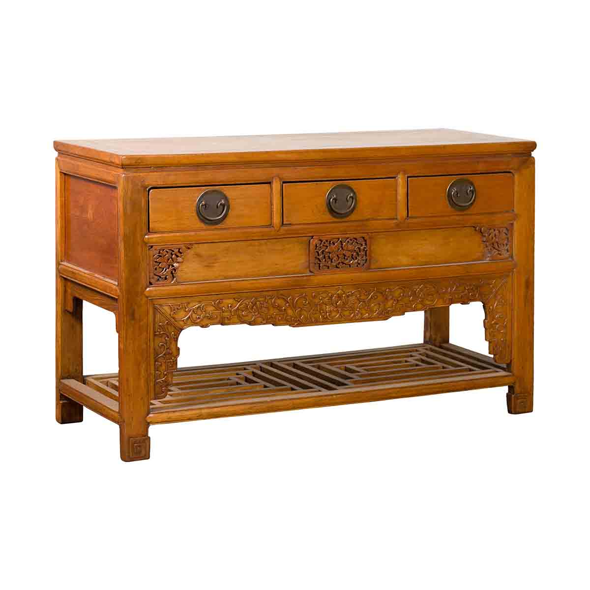 Chinese Qing Dynasty 19th Century Waisted Sideboard with Carved Floral Motifs-1. Asian & Chinese Furniture, Art, Antiques, Vintage Home Décor for sale at FEA Home