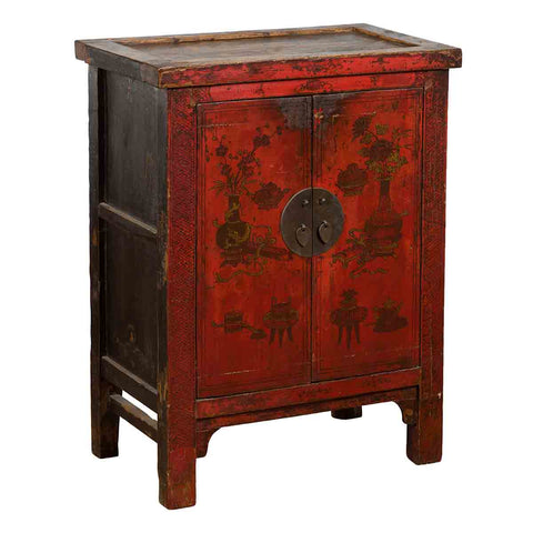 19th Century Qing Dynasty Red Lacquer Cabinet with Painted Flowers and Vases