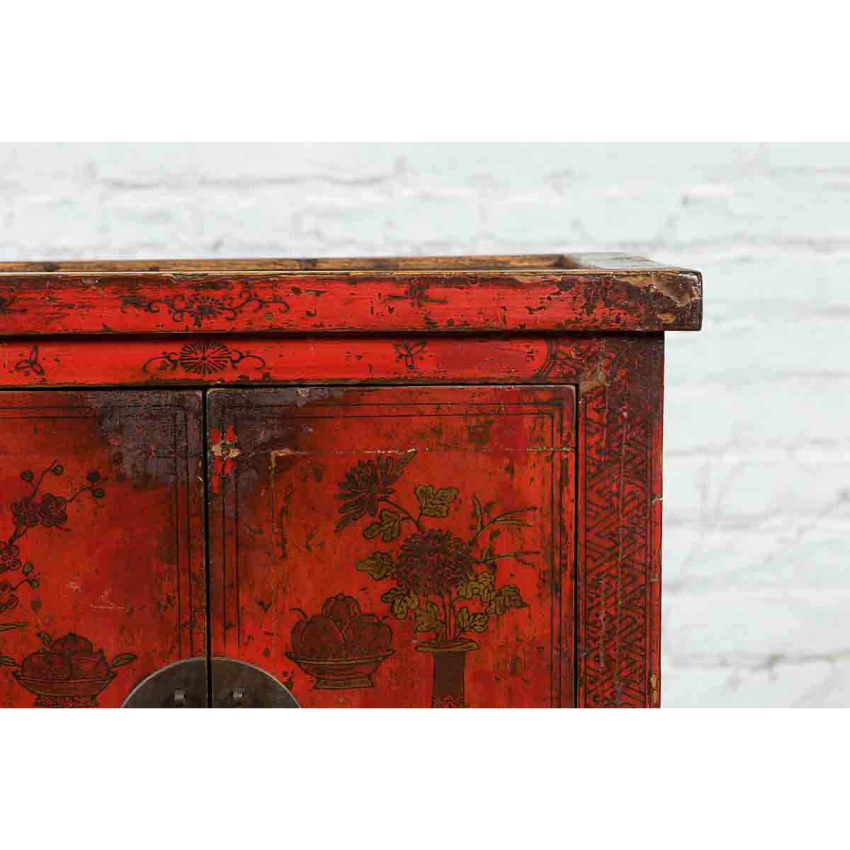 19th Century Qing Dynasty Red Lacquer Cabinet with Painted Flowers and Vases-10. Asian &amp; Chinese Furniture, Art, Antiques, Vintage Home Décor for sale at FEA Home