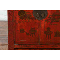 19th Century Qing Dynasty Red Lacquer Cabinet with Painted Flowers and Vases