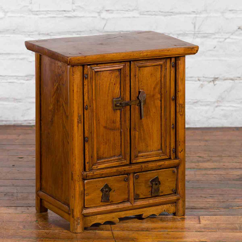 Chinese Qing Dynasty 19th Century Elmwood Side Cabinet with Doors and Drawers