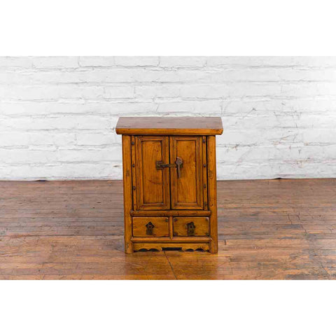 Chinese Qing Dynasty 19th Century Elmwood Side Cabinet with Doors and Drawers