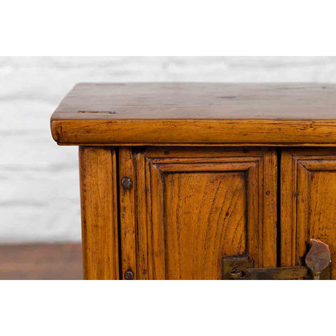 Chinese Qing Dynasty 19th Century Elmwood Side Cabinet with Doors and Drawers