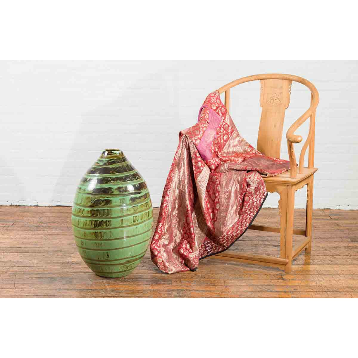 Artisan Contemporary Green and Brown Glaze Ceramic Vase with Spiral Decor-3. Asian &amp; Chinese Furniture, Art, Antiques, Vintage Home Décor for sale at FEA Home