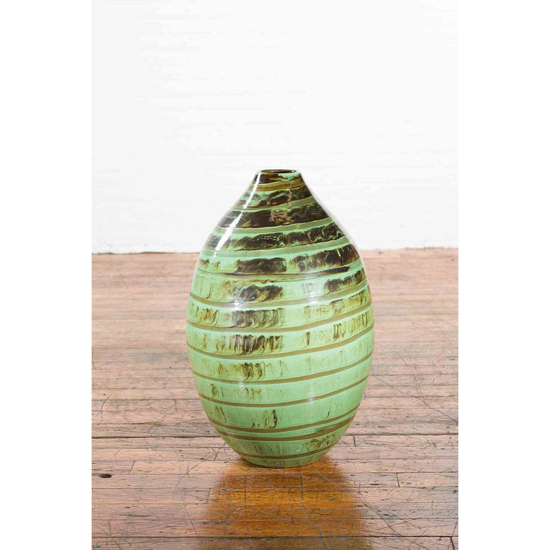 Artisan Contemporary Green and Brown Glaze Ceramic Vase with Spiral Decor