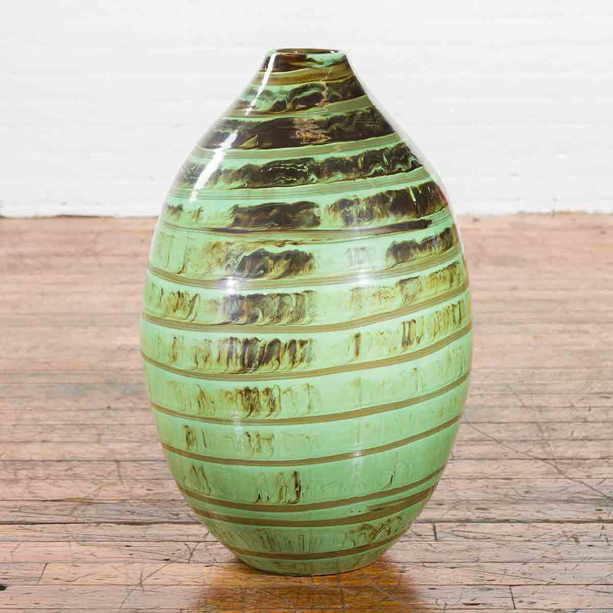 Artisan Contemporary Green and Brown Glaze Ceramic Vase with Spiral Decor-2. Asian & Chinese Furniture, Art, Antiques, Vintage Home Décor for sale at FEA Home