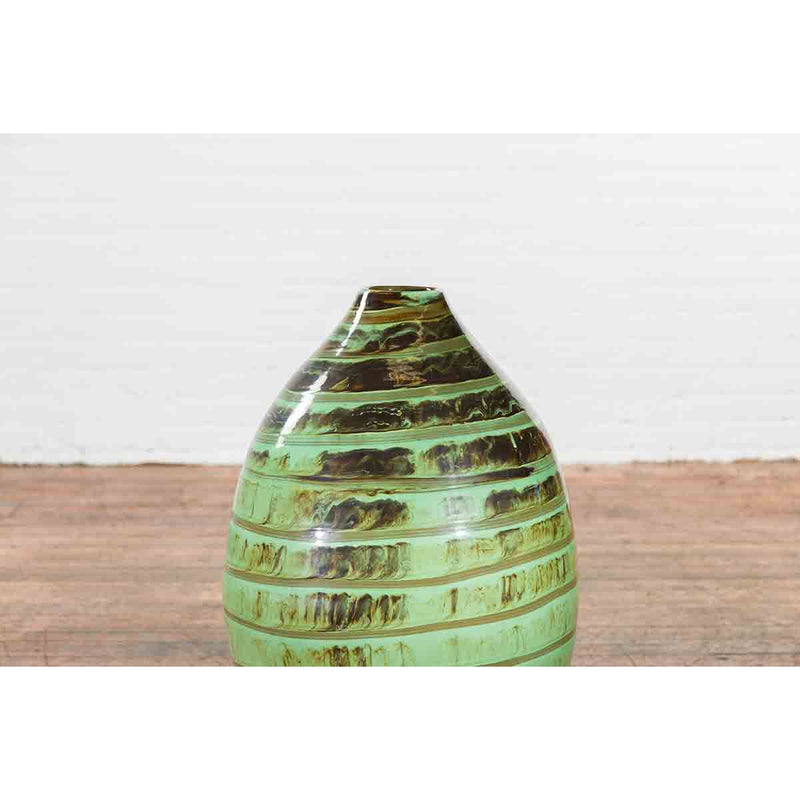 Artisan Contemporary Green and Brown Glaze Ceramic Vase with Spiral Decor