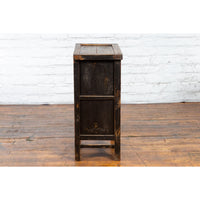 Chinese Qing Dynasty 19th Century Side Cabinet with Distressed Black Lacquer