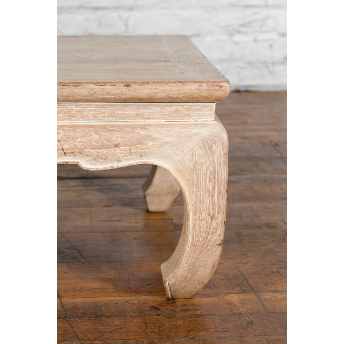 Vintage Thai Whitewashed Low Drinks Table with Carved Apron and Chow Legs-9. Asian &amp; Chinese Furniture, Art, Antiques, Vintage Home Décor for sale at FEA Home