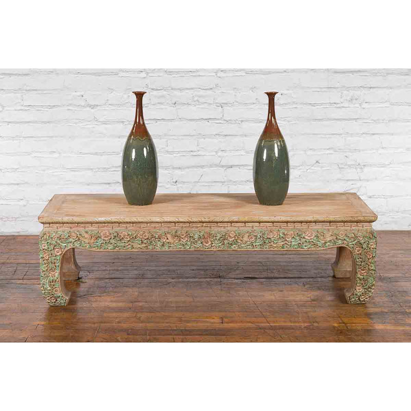 Thai Contemporary Teak Wood Coffee Table with Carved and Painted Floral Motifs