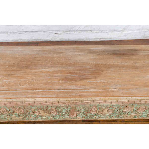 Thai Contemporary Teak Wood Coffee Table with Carved and Painted Floral Motifs