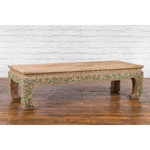 Thai Contemporary Teak Wood Coffee Table with Carved and Painted Floral Motifs