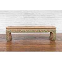Thai Contemporary Teak Wood Coffee Table with Carved and Painted Floral Motifs