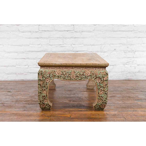 Thai Contemporary Teak Wood Coffee Table with Carved and Painted Floral Motifs