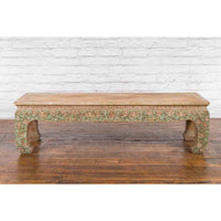 Thai Contemporary Teak Wood Coffee Table with Carved and Painted Floral Motifs