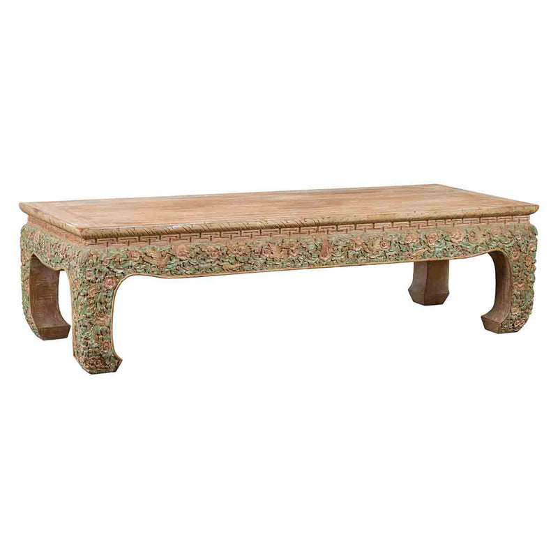 Thai Contemporary Teak Wood Coffee Table with Carved and Painted Floral Motifs- Asian Antiques, Vintage Home Decor & Chinese Furniture - FEA Home