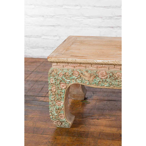 Thai Contemporary Teak Wood Coffee Table with Carved and Painted Floral Motifs