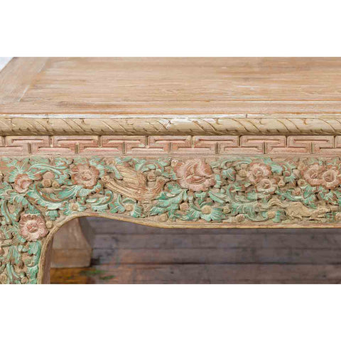 Thai Contemporary Teak Wood Coffee Table with Carved and Painted Floral Motifs