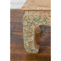 Thai Contemporary Teak Wood Coffee Table with Carved and Painted Floral Motifs
