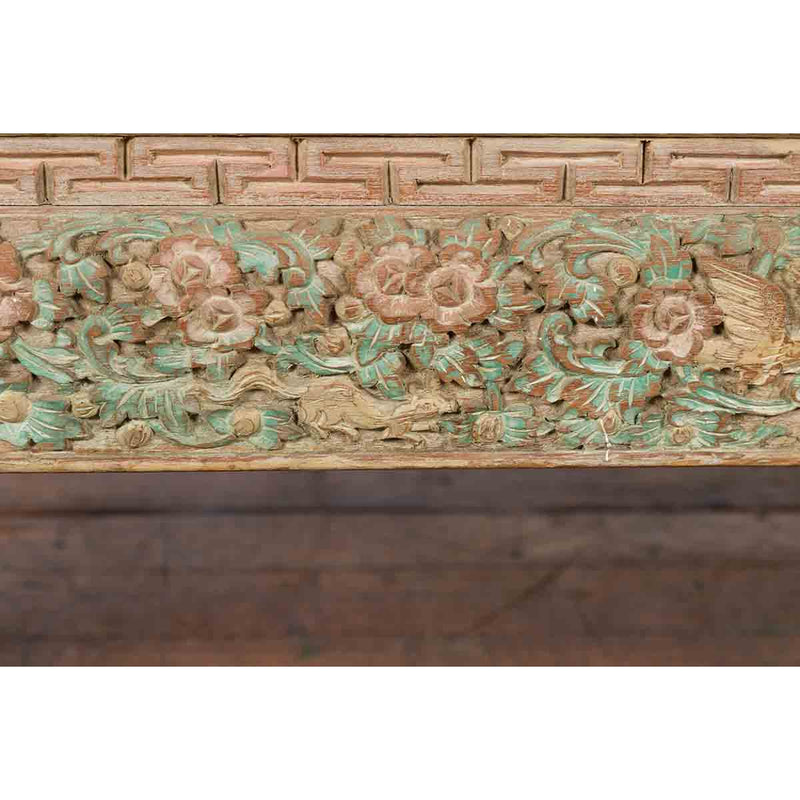 Thai Contemporary Teak Wood Coffee Table with Carved and Painted Floral Motifs