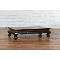 Black and Red Lacquer Qing Dynasty Prayer Table with Low Relief Carved Scrolls