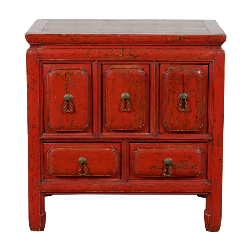 Chinese Qing Dynasty 19th Century Red Lacquer Side Chest with Five Drawers-YN1434-1. Asian & Chinese Furniture, Art, Antiques, Vintage Home Décor for sale at FEA Home