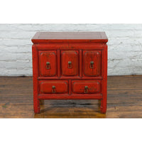 Chinese Qing Dynasty 19th Century Red Lacquer Side Chest with Five Drawers