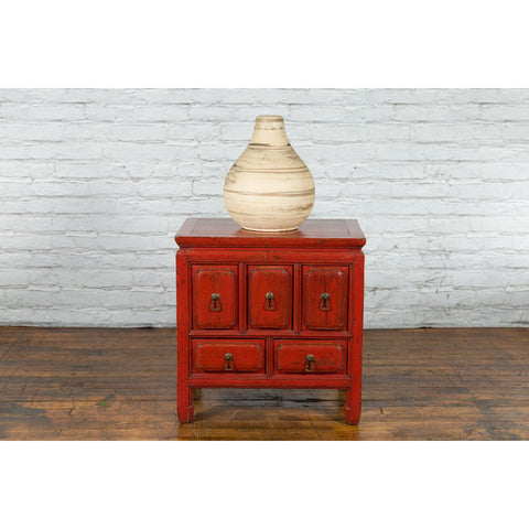 Chinese Qing Dynasty 19th Century Red Lacquer Side Chest with Five Drawers-YN1434-3. Asian & Chinese Furniture, Art, Antiques, Vintage Home Décor for sale at FEA Home