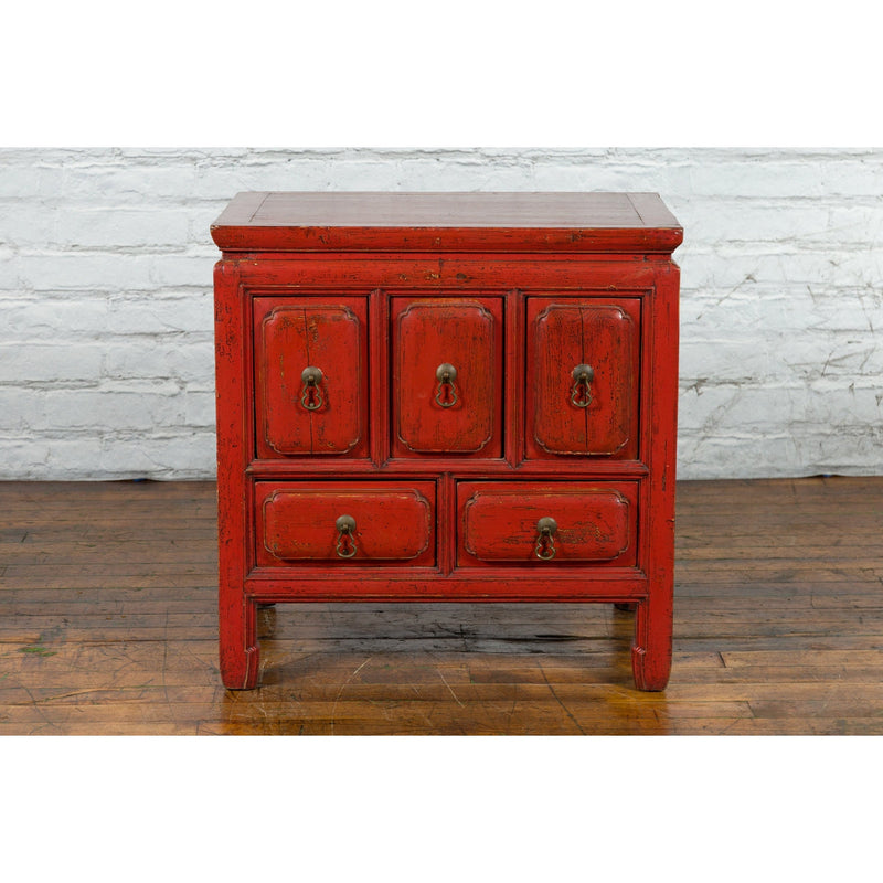 Chinese Qing Dynasty 19th Century Red Lacquer Side Chest with Five Drawers-YN1434-4. Asian & Chinese Furniture, Art, Antiques, Vintage Home Décor for sale at FEA Home