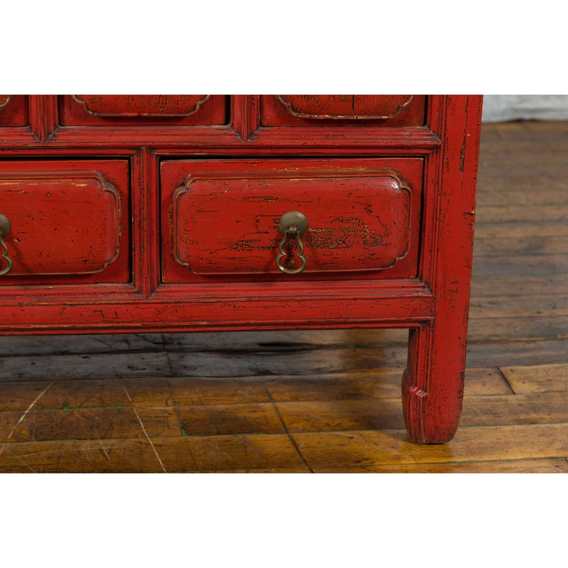 Chinese Qing Dynasty 19th Century Red Lacquer Side Chest with Five Drawers-YN1434-9. Asian & Chinese Furniture, Art, Antiques, Vintage Home Décor for sale at FEA Home