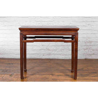 Chinese Qing Dynasty 19th Century Elm Wine Table with Humpback Stretchers