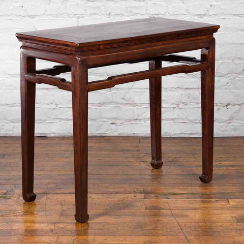 Chinese Qing Dynasty 19th Century Elm Wine Table with Humpback Stretchers