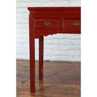 Chinese Vintage Red Lacquer Console Table with Drawers and Carved Spandrels