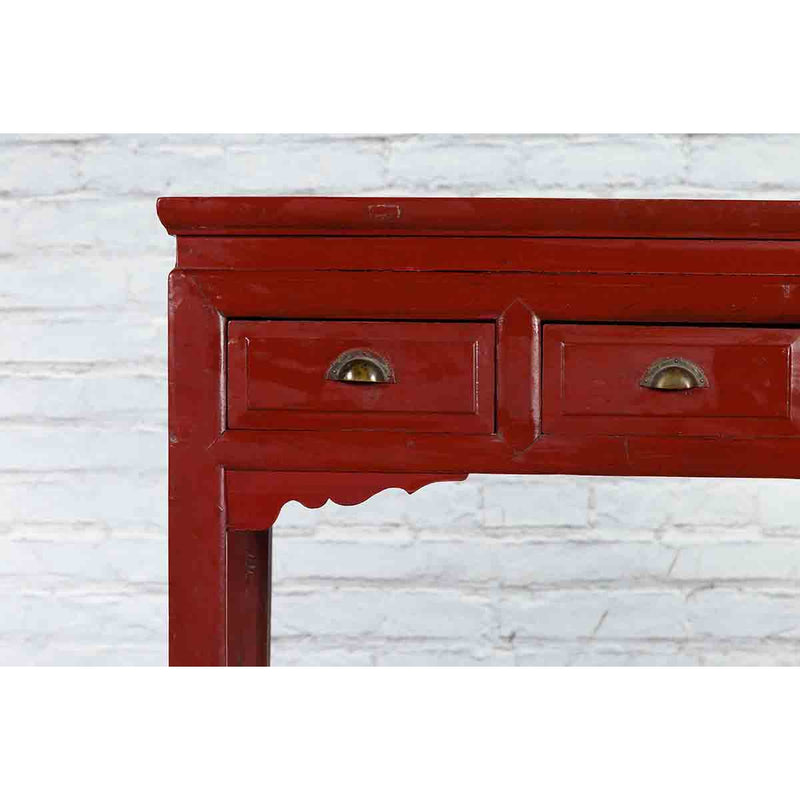 Chinese Vintage Red Lacquer Console Table with Drawers and Carved Spandrels - Antique and Vintage Asian Furniture for Sale at FEA Home