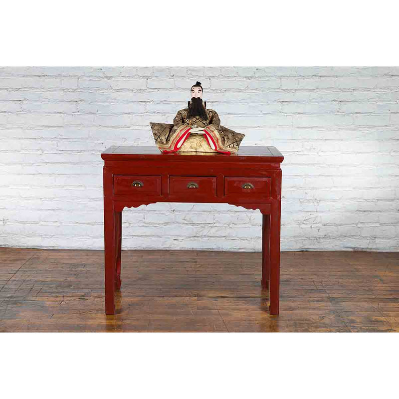 Chinese Vintage Red Lacquer Console Table with Drawers and Carved Spandrels - Antique and Vintage Asian Furniture for Sale at FEA Home