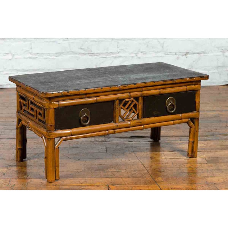 Chinese Vintage Black Lacquered Elmwood and Bamboo Side Table with Fretwork