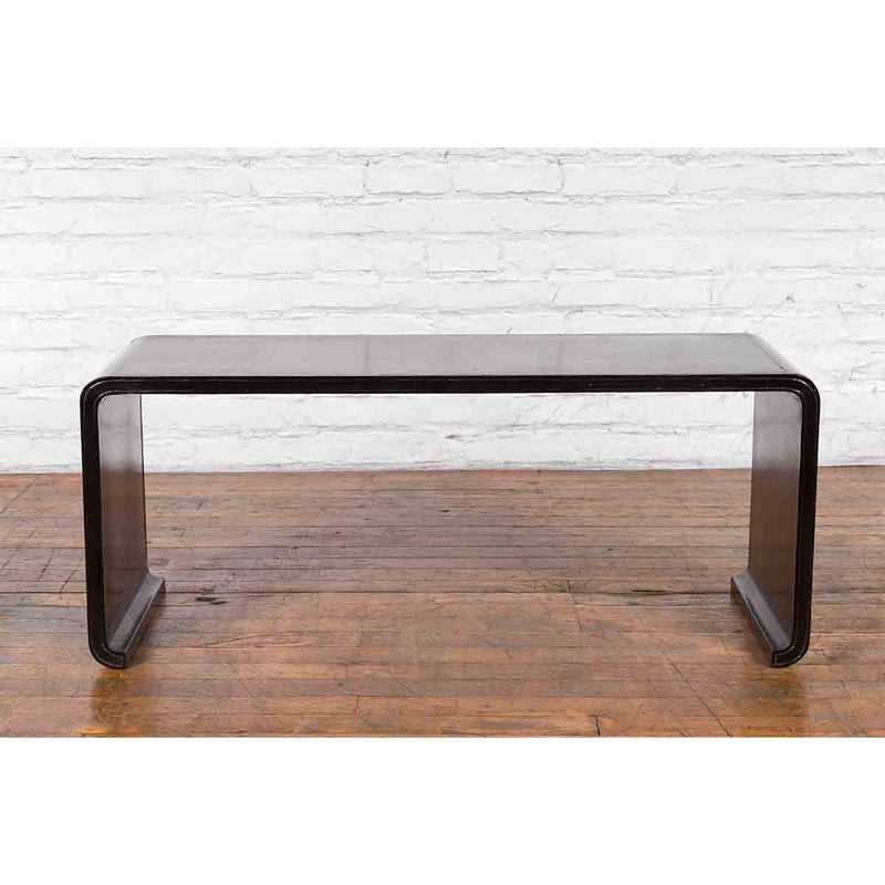 Burmese Black Lacquer Chinese Style Waterfall Console Table with Brown Top