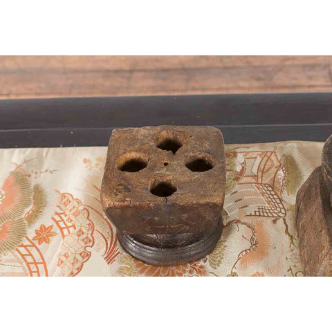 Set of Three Indian 19th Century Seed Planters with Carved Motifs and Patina-YN1575-7. Asian & Chinese Furniture, Art, Antiques, Vintage Home Décor for sale at FEA Home