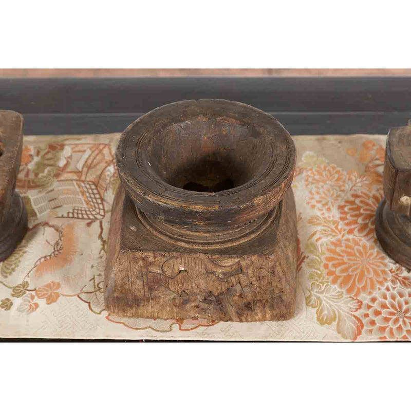 Set of Three Indian 19th Century Seed Planters with Carved Motifs and Patina-YN1575-8. Asian & Chinese Furniture, Art, Antiques, Vintage Home Décor for sale at FEA Home