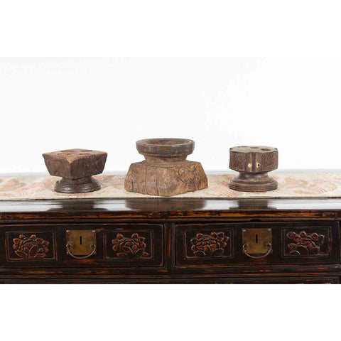 Set of Three Indian 19th Century Seed Planters with Carved Motifs and Patina-YN1575-10. Asian & Chinese Furniture, Art, Antiques, Vintage Home Décor for sale at FEA Home