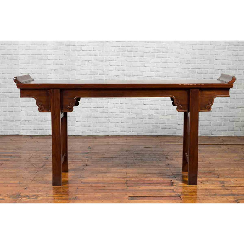 Chinese Qing Dynasty Period 19th Century Elm Console Table with Carved Spandrels