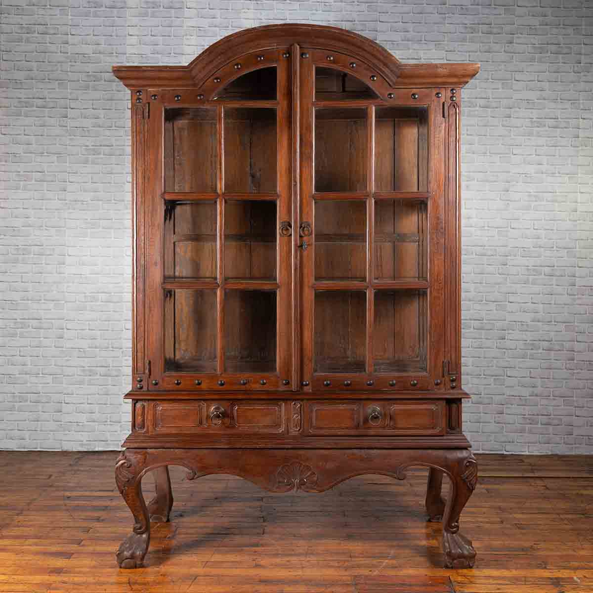 Large Javanese Cabinet with Paneled Glass Doors, Bonnet Top and Cabriole Legs-2. Asian & Chinese Furniture, Art, Antiques, Vintage Home Décor for sale at FEA Home