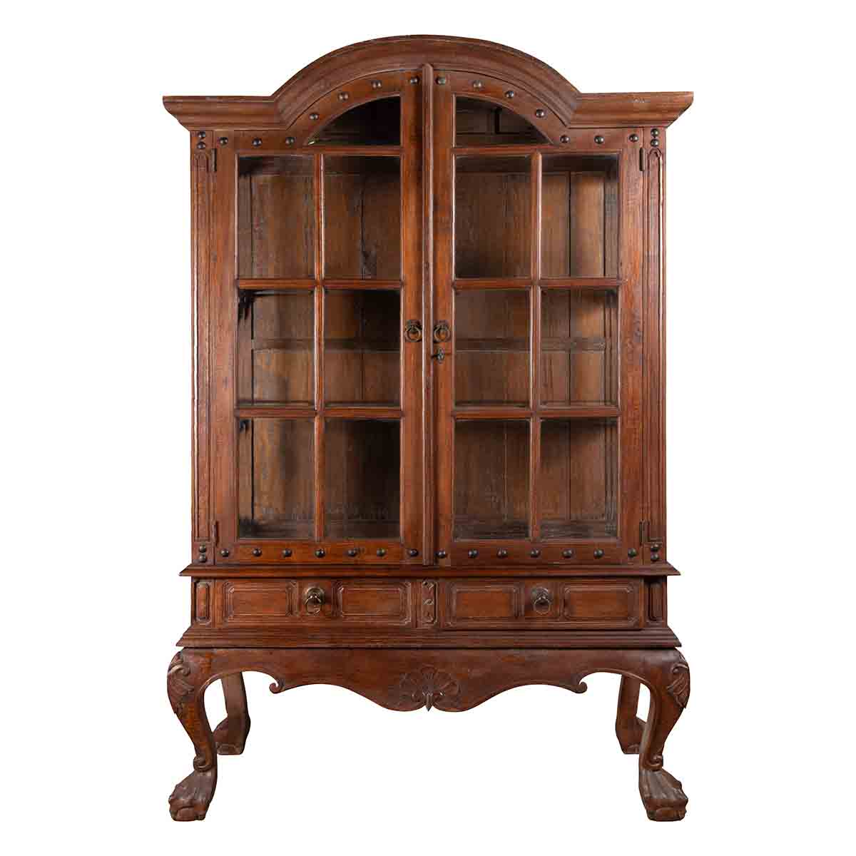 Large Javanese Cabinet with Paneled Glass Doors, Bonnet Top and Cabriole Legs-1. Asian & Chinese Furniture, Art, Antiques, Vintage Home Décor for sale at FEA Home