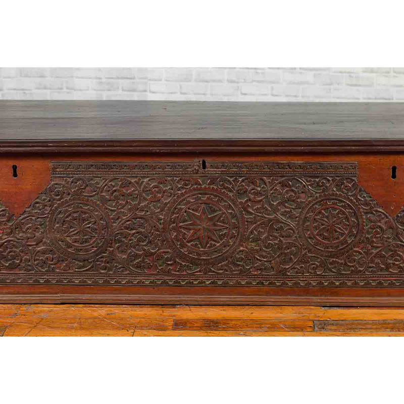 Late 19th Century Coffer from Sumatra with Carved Motifs and Iron Hardware