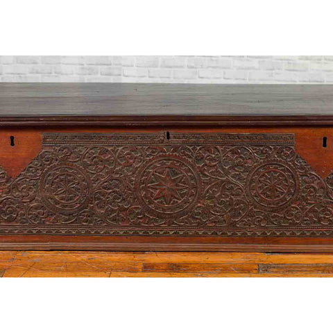 Late 19th Century Coffer from Sumatra with Carved Motifs and Iron Hardware