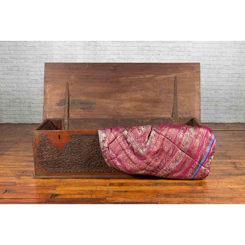 Late 19th Century Coffer from Sumatra with Carved Motifs and Iron Hardware
